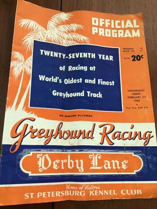 Derby Lane Feb 20th 1952 Greyhound Racing Program,  Worlds Oldest Track,