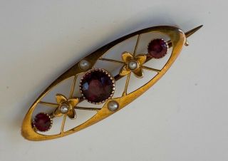 Antique 9ct Gold Brooch With Large Central Ruby And Pearls Circa 1890