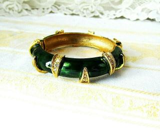 Vintage Green Enamel Clear Rhinestones Hinged Cuff Bracelet Solid Gold Metal