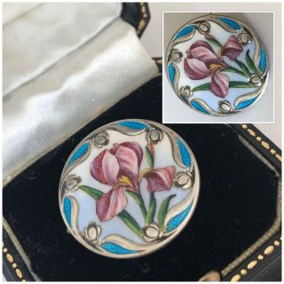 Antique Vintage Sterling Silver Guilloche Enamel Flower Brooch Pin