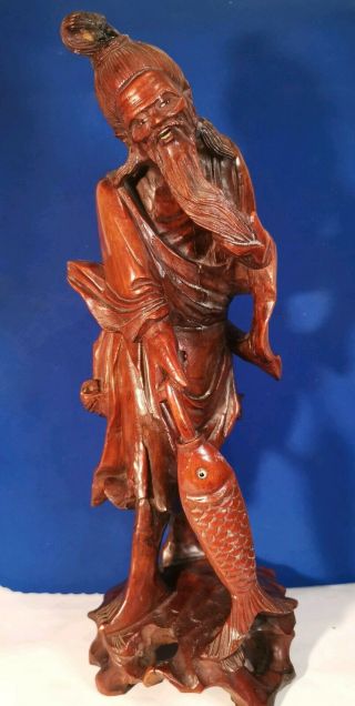Vintage Hand Carved Chinese Hard Wooden Fisherman Figure