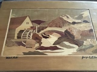 Vintage Signed Inlaid Marquetry Wood Cut Plaque Wall Hanging Picture Welsh Mill