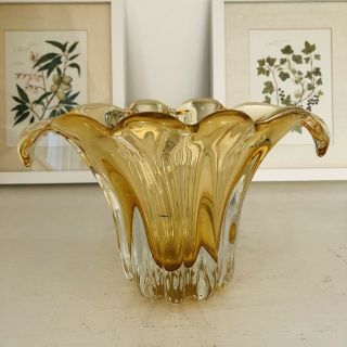 Vintage Very Heavy Thick Art Glass Vase Murano Style Yellow Amber By Teleflora