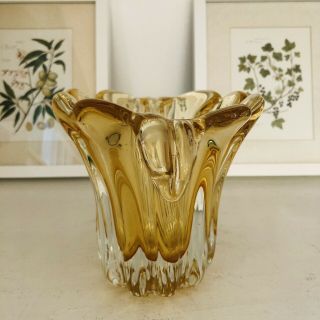 Vintage Very Heavy Thick Art Glass Vase Murano Style Yellow Amber By Teleflora 2