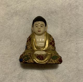 Vintage Asian Seated Buddha Ceramic Figurine Glazed Hand Painted Gold And Cream