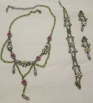 Vintage Avon Necklace Bracelet Earrings Pink Floral Swag Rhinestones Enamel Set
