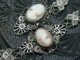 Antique Victorian Edwardian Carved Shell Cameo & Filigree Necklace Bracelet Set
