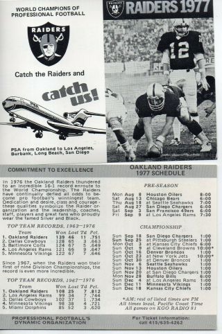 65606.  (2) 1977 Oakland Raiders Nfl Schedule & Records Psa Airlines Pocket Card