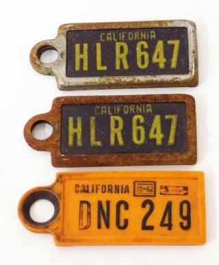 3 California Dav Keychain License Tags,  2 Steel Undated,  1 Plastic 1962