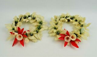 Vintage Plastic Wreath Candle Rings W/bells White Holly Greenery 8.  5 "