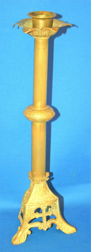 An Antique Gothic Church Candlestick Victorian,  Medieval,  French,  Cross Feature