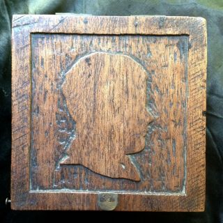 Antique Folk Art Oak Wood Carved Box Silhouette Miniature Portrait Boy Child