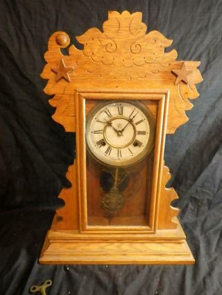 Antique Waterbury Oak Kitchen Gingerbread Shelf Clock Home