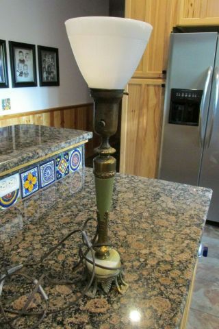 Vintage Art Deco Brass Marble Table Lamp White Milk Glass Shade 21 " Tall Green