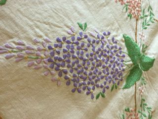 Vintage Hand Embroidered Tablecloth - Gorgeous Lilac Floral Design Scallop Edge