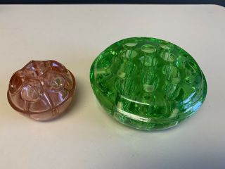 2 Vintage Flower Frogs Green Glass & Peach Glass