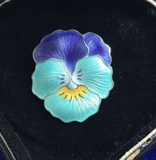 Exquisite Antique Art Deco Sterling Silver & Blue Guilloche Enamel Pansy Brooch