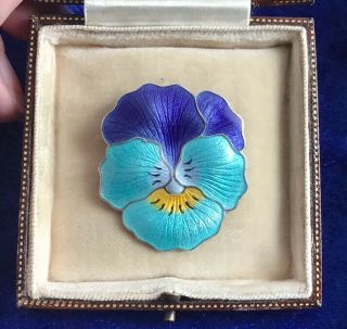 EXQUISITE ANTIQUE ART DECO STERLING SILVER & BLUE GUILLOCHE ENAMEL PANSY BROOCH 2
