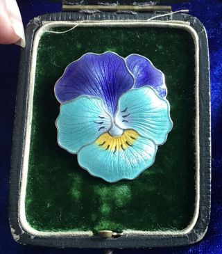 EXQUISITE ANTIQUE ART DECO STERLING SILVER & BLUE GUILLOCHE ENAMEL PANSY BROOCH 3