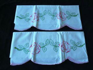 Vintage Embroidered Big Pink Roses Pillowcase Pair Set With Crocheted Trim