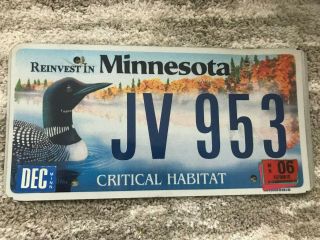 Minnesota License Plate Jv 953 Critical Habitat Duck