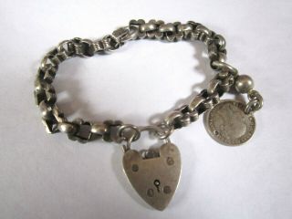 Antique Vintage Victorian Sterling Heart Lock Charm Bracelet With Silver Coin