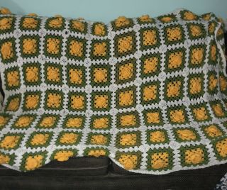Vintage Crochet 3d Raised Rose Flower Afghan Throw Blanket Gold,  Green & White