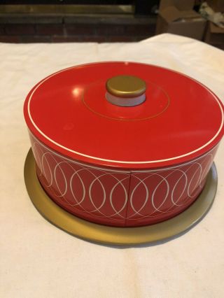 Wow - Retro 1950’s Cake Saver Vintage Round Metal Red/gold Carrier 8” -