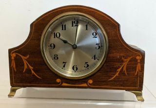 Antique Edwardian Inlaid Wood & Brass Cased Mechanical Mantel Clock C1900,  Key