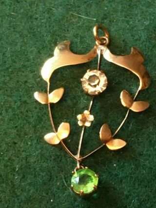 Antique 9ct Gold Pendant Set With Green And White Stones