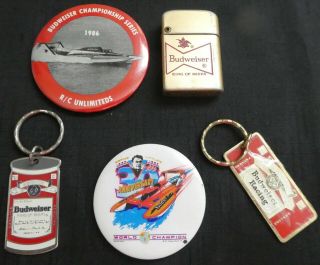 (5) Vintage Miss Budweiser Items: Buttons (2),  Key Rings (2),  Lighter Lot2