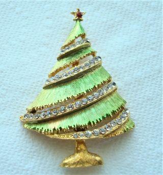 Vintage Christmas Tree Brooch Pin,  Signed Weiss,  Rhinestones,  Gold Tone