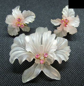 Vintage Frosted Molded Plastic Orchid Flower Brooch And Clips Set With Sparkling