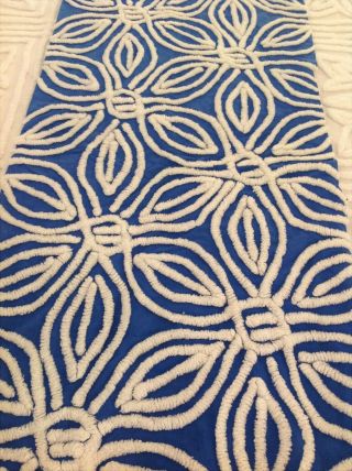 Vintage Chenille Bedspread Fabric 31 " X 19 " Cobalt Blue & Bright White