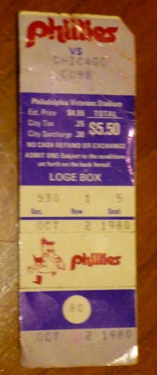 10/2/80 Cubs @ Phillies Ticket - Mike Schmidt Home Run - 281 - Hof 