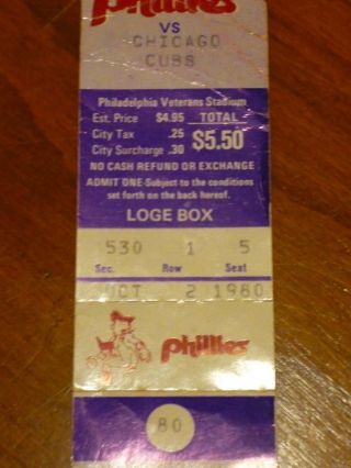 10/2/80 Cubs @ Phillies Ticket - Mike SCHMIDT Home Run - 281 - HOF ' er 2