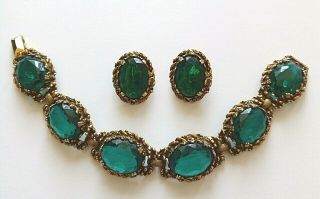 Vintage Gold Tone Emerald Green Stone Bracelet & Clip On Earrings Set 7 "