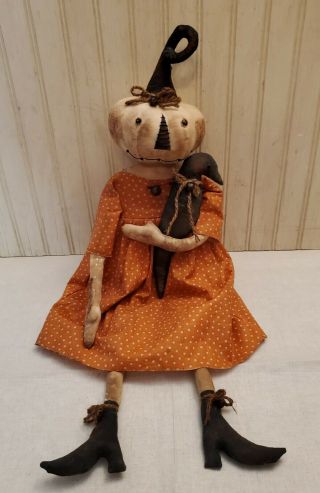 Primitive Grungy Grubby White Pumpkin Lady Halloween Doll & Her Crow