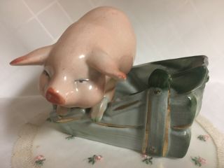 Antique German Pink Pig Porcelain Fairing Figurine Large Fat Pig In A Trough
