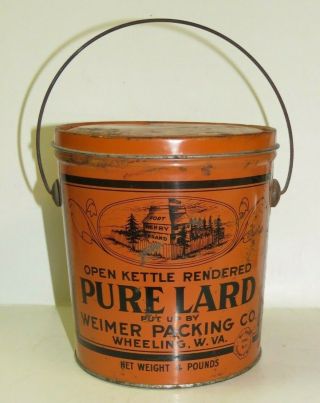 Vintage/antique Pntd Orange Lard Can / Weimer Packing Co/ Wheeling,  Wv /9 - 12