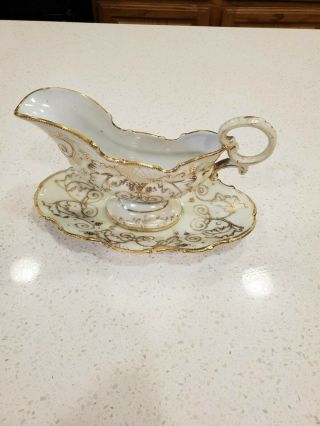 Vintage Cream And Gold Gilded Gravy Boat With Underplate