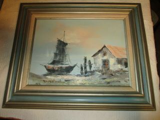 Vtg Oil Painting On Canvas 12 " X16 " Nautical Harbor Boat Signed Framed