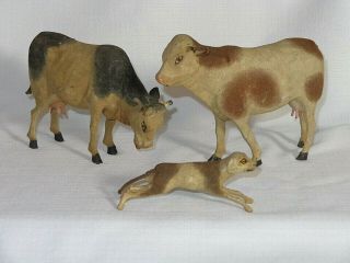 Antique German Putz Paper Mache Stick Leg Cows & Dog Nativity Figures