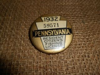 Vintage 1932 Pennsylvania Fishing License Metal Pin - Back Button,  1 - 3/4 " Dia