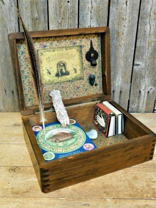 Antique Wood Fortune Teller Box Full - Tarot Deck Pendulum Sage Halloween