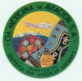 Pan American Airways Mexico Cia Mexicana De Aviacion S.  A.  Vintage Luggage Label
