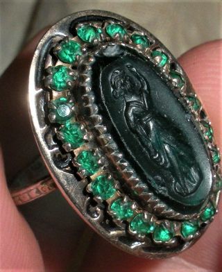 Antique C.  1940 Green Stone Cameo Intaglio Sterling Silver Ring Vafo