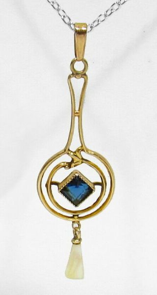 Old 1870s Victorian 10k Gold Pearl Blue Princess Cut Austrian Crystal Pendant