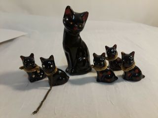 Vintage Ceramic Black Mama Cat With 5 Kittens Redware Red Clay Japan