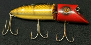Vintage Heddon Zig - Wag Wooden Lure,  Red Head Pike Scale Glass Eyes L - Rig 4 " Long